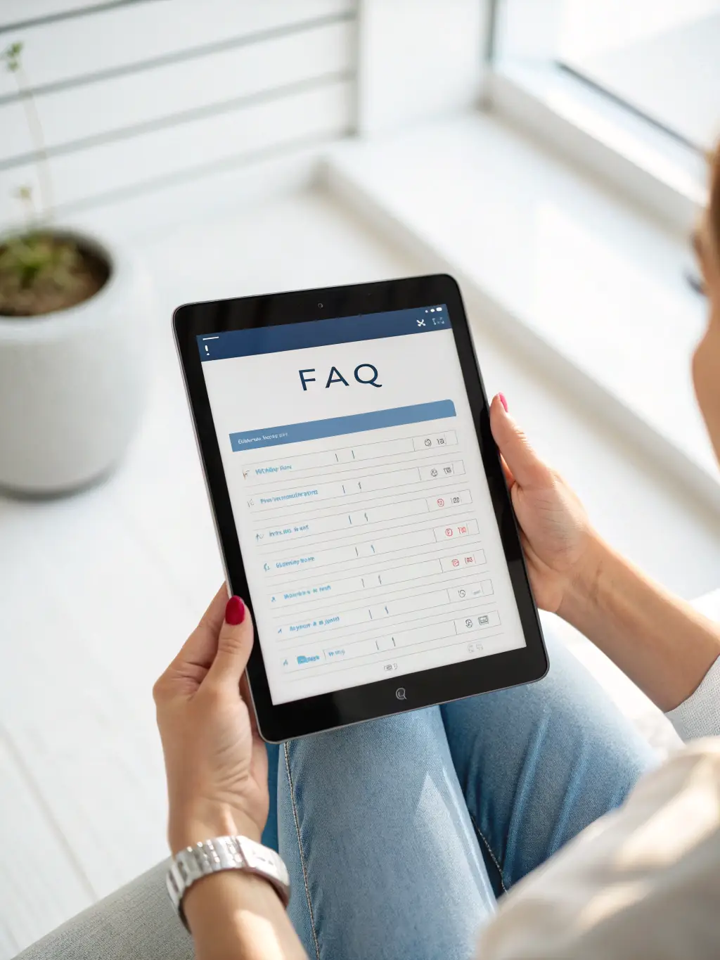 An illustration of a customer support interface with a help icon, FAQ section, and troubleshooting tips displayed on a digital device. The design emphasizes clarity and assistance.