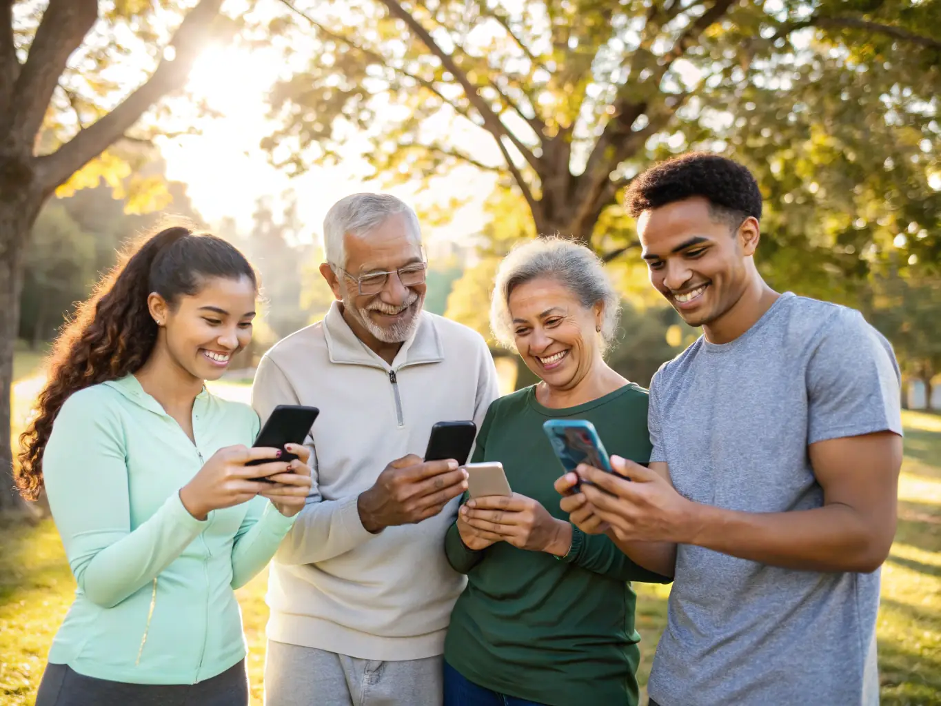 A diverse group of people in Cameroon using mobile phones to access and manage their mobile money accounts, highlighting the widespread accessibility of the service.