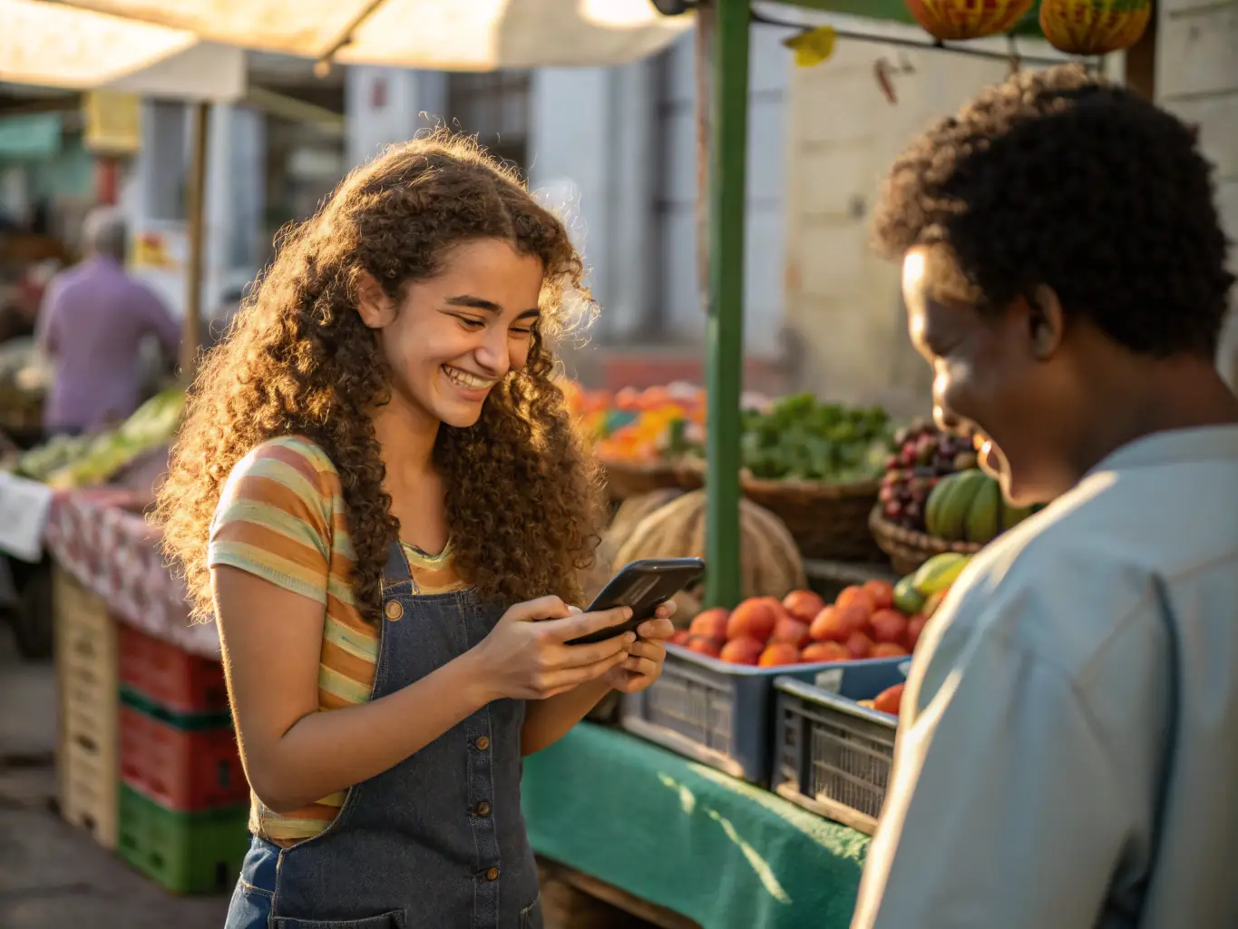 A person in Cameroon using their mobile phone to make a payment at a local market stall, showcasing the convenience of mobile money.