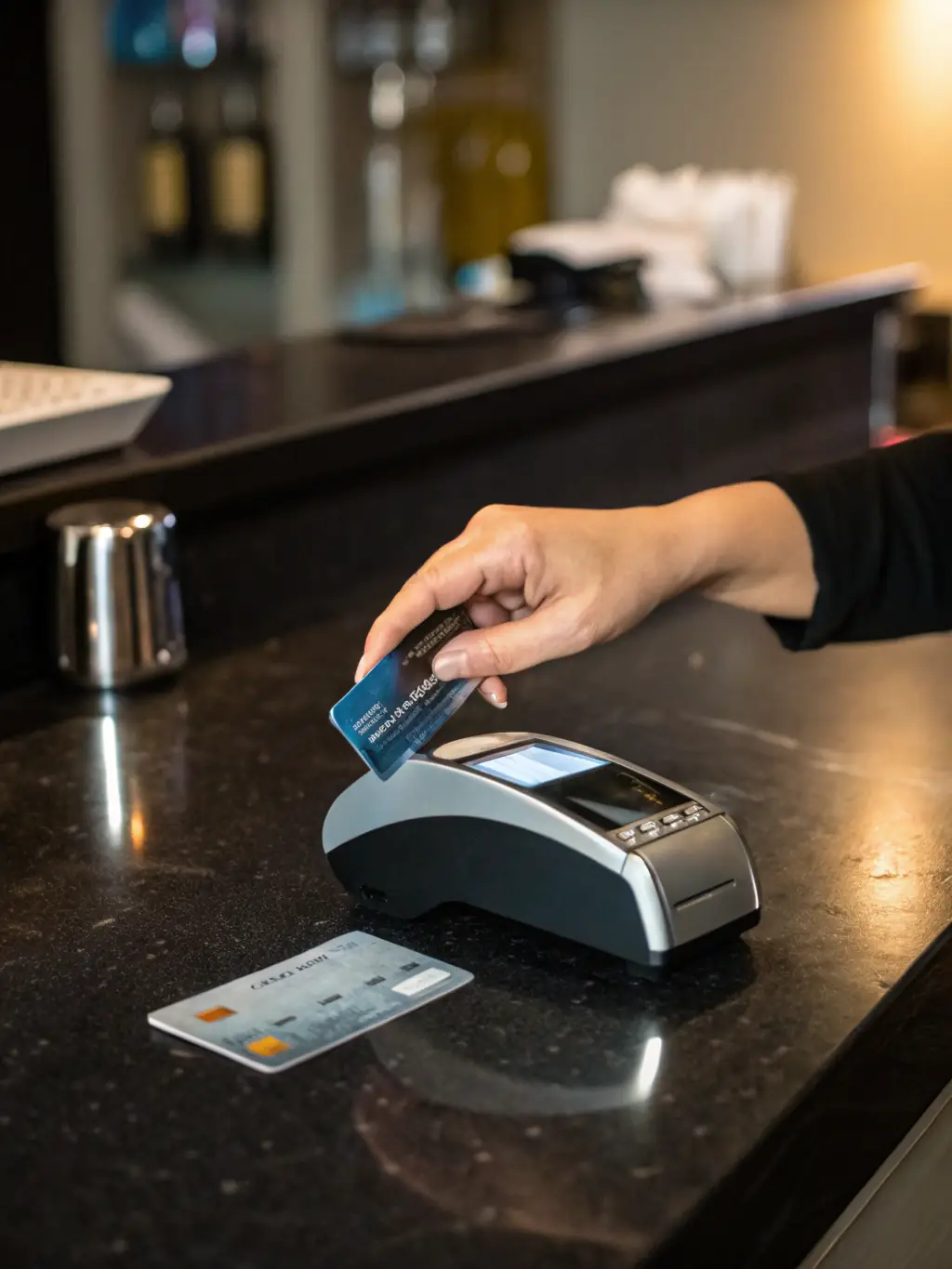 A person using a credit card at a point-of-sale (POS) terminal with the Jengupay logo subtly displayed. The focus is on the ease and security of card transactions.
