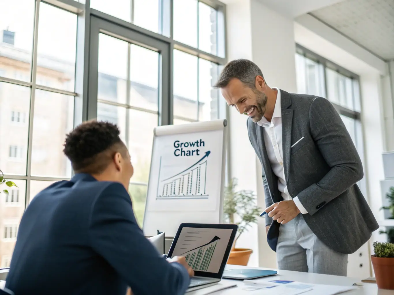 An image showing a medium-sized business owner reviewing sales data on a tablet, illustrating growing enterprises using Jengupay.