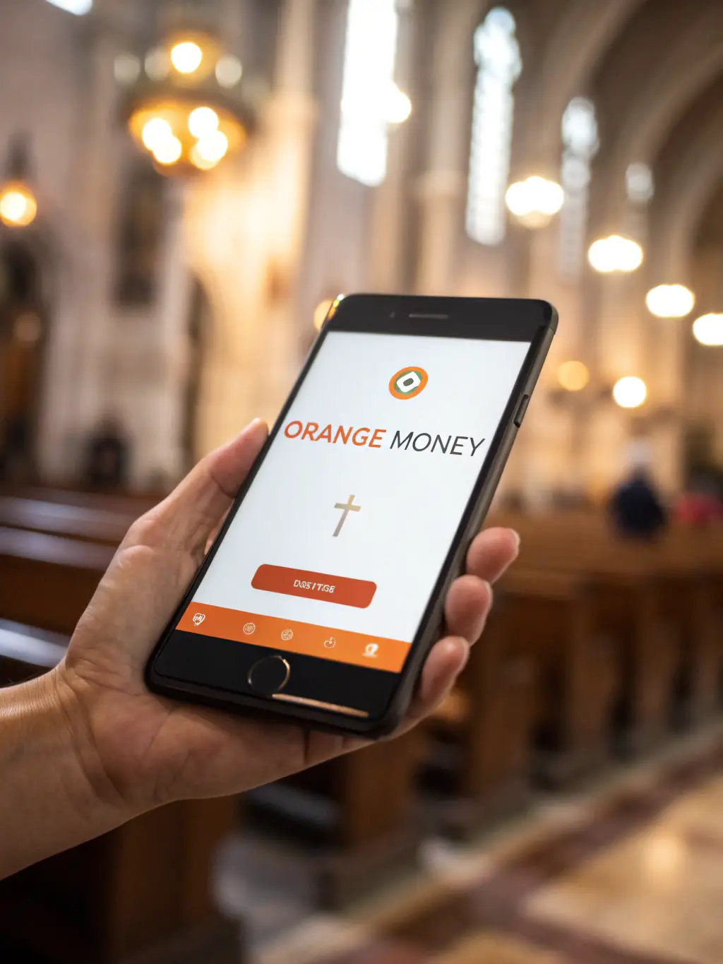 An image showing the Orange Money logo displayed on a tablet screen in a bustling market setting in Cameroon, indicating widespread acceptance and usage.