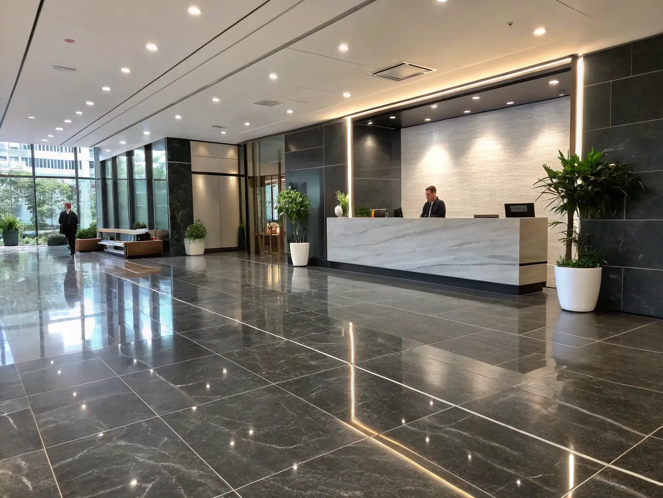 An image showing a large organization's headquarters with a Jengupay payment terminal visible in the reception area, representing large organizations using Jengupay.