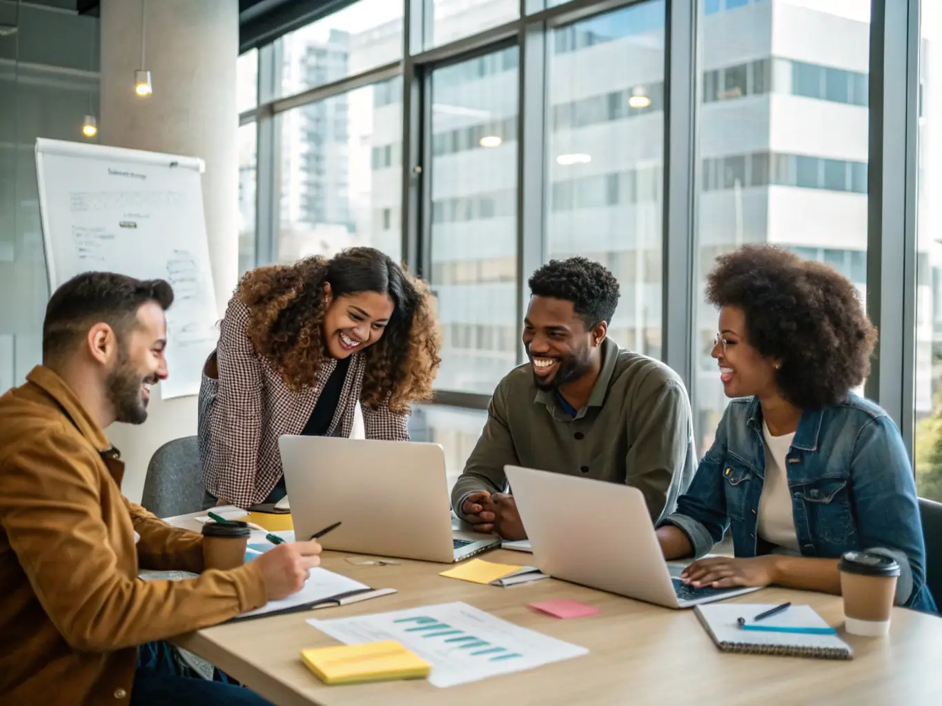 An image showing a diverse group of entrepreneurs collaborating in a modern office space, representing startups using Jengupay.