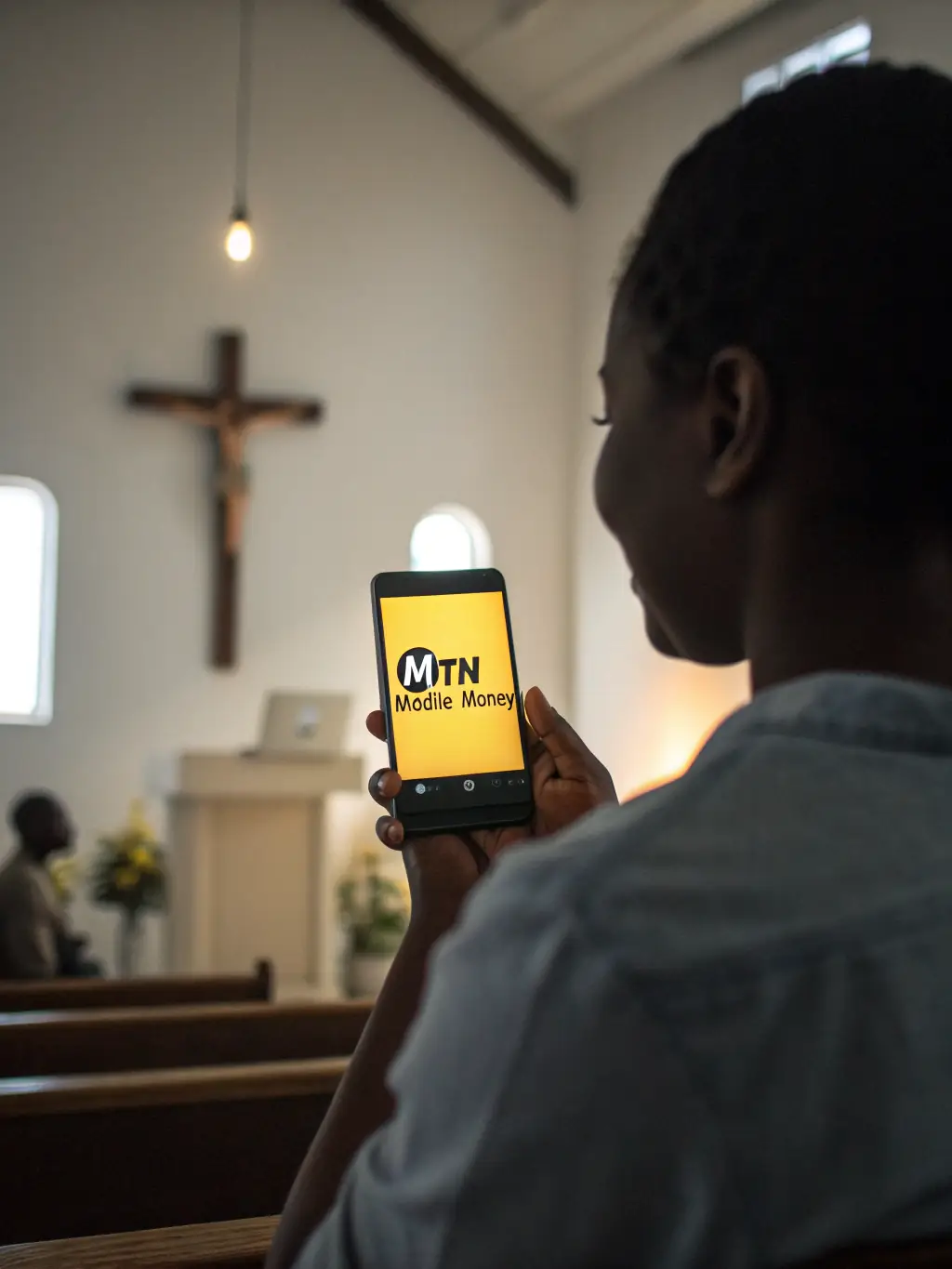 A close-up shot of a smartphone displaying the MTN Mobile Money interface, with a focus on a successful transaction confirmation screen. The background is blurred to emphasize the mobile payment process.